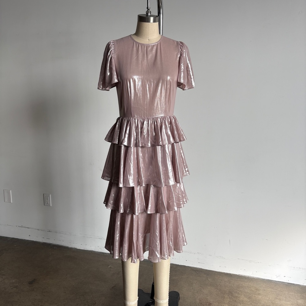NWT RHODE Metallic Tiered Sheer Midi Dress in Pink Sz 4